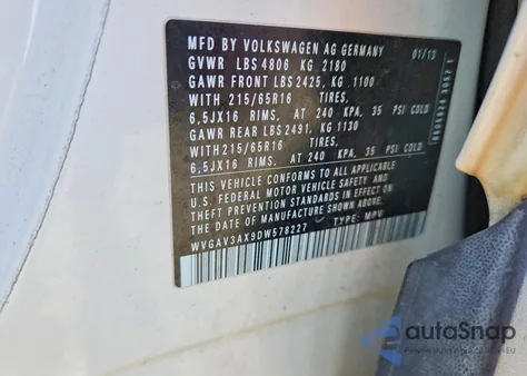 2013 Volkswagen Tiguan S из США, поврежденный, VIN WVGAV3AX9DW578227